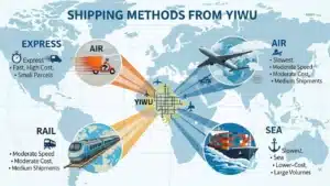 Infographic illustrating shipping methods from Yiwu, including express, air, rail, and sea with details on speed, cost, and parcel size.