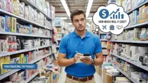 Person in a blue shirt examines products in a store aisle, contemplating budget for Yiwu sourcing trip with a notepad and calculator.