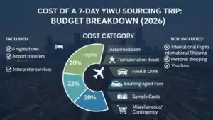 Infographic showing the cost breakdown of a 7-day Yiwu sourcing trip in 2026, with categories like flights and accommodation included.