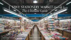 The Yiwu Stationery Market with colorful pens, notebooks, and supplies arranged on tables in a brightly lit indoor area.