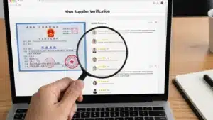Hand holding magnifying glass over laptop screen displaying Yiwu supplier verification and online reviews.