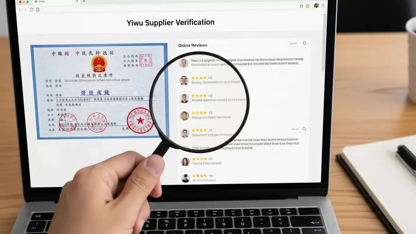 Hand holding magnifying glass over laptop screen displaying Yiwu supplier verification and online reviews.