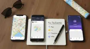 Three mobile devices displaying maps, social media, and VPN apps alongside a notebook listing Yiwu trip essentials: maps, translation, and VPNs, with sunglasses and a map roll on a wooden table.