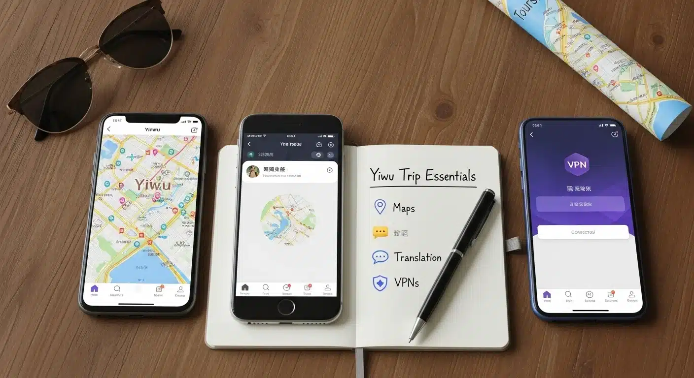 Three mobile devices displaying maps, social media, and VPN apps alongside a notebook listing Yiwu trip essentials: maps, translation, and VPNs, with sunglasses and a map roll on a wooden table.