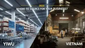 Split image showing Yiwu warehouse with automation and Vietnam workshop with manual labor, highlighting sourcing options for businesses in 2026.