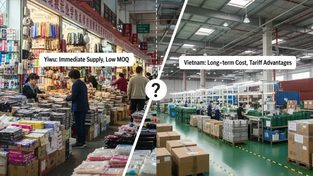 Comparison of manufacturing options in Yiwu market vs. Vietnamese factory, highlighting supply, cost, and tariff considerations.