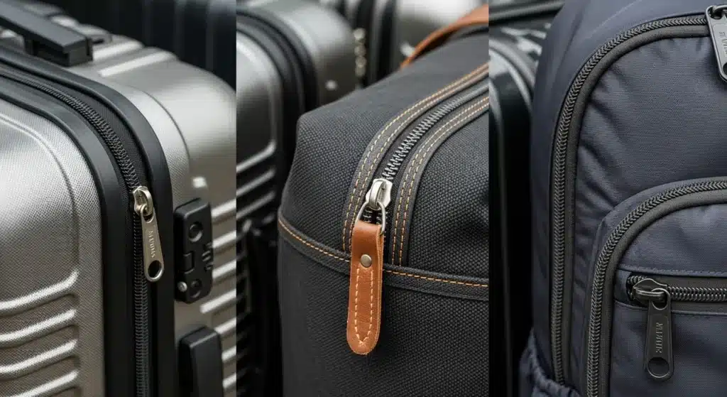 Close-up view of zippers on different types of travel luggage, including silver hardshell, black fabric, and navy fabric bags.
