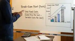 Person pointing to a whiteboard illustrating the break-even point formula and a bar chart with labeled axes showing units and costs.