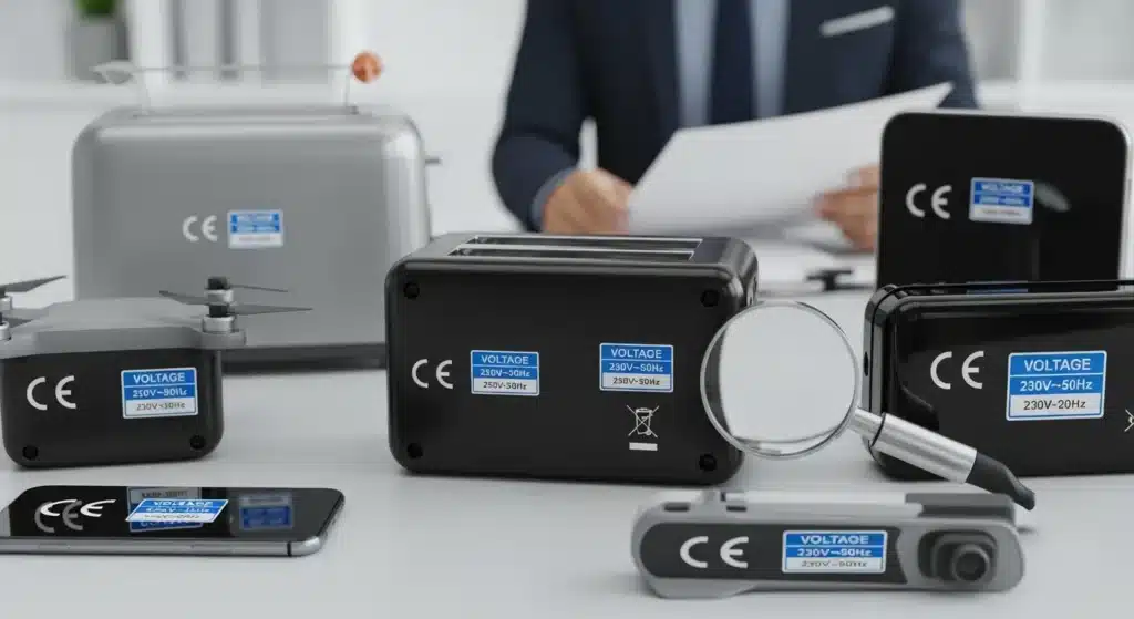 Various electronic devices with CE certification labels displayed on a desk. A person in the background examines documents.