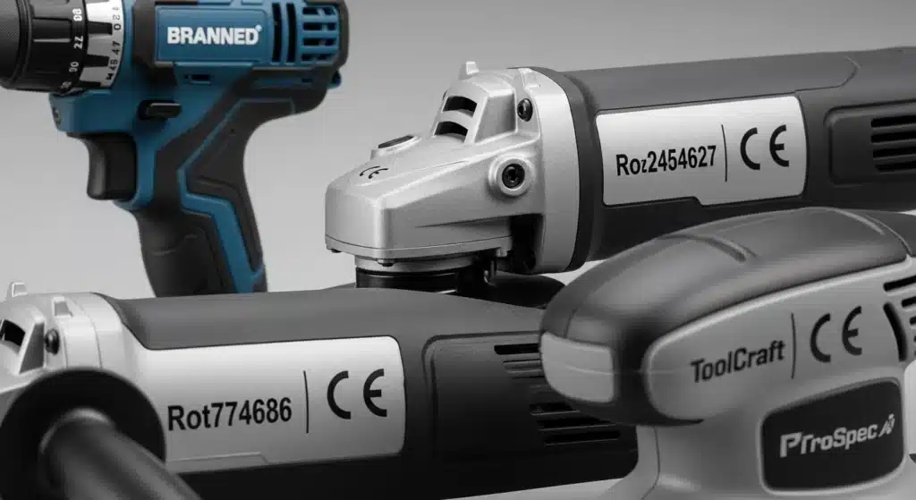 Close-up view of mixed branded power tools, including drills and grinders, showing model numbers and CE markings.
