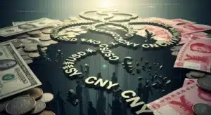 Various currencies like USD and CNY in 3D with shadow figures, surrounded by dollar bills and yuan notes.