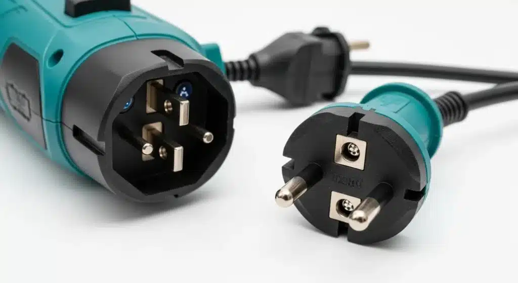 Close-up of an electrical plug and socket on a cord, showcasing metal prongs and a turquoise casing.