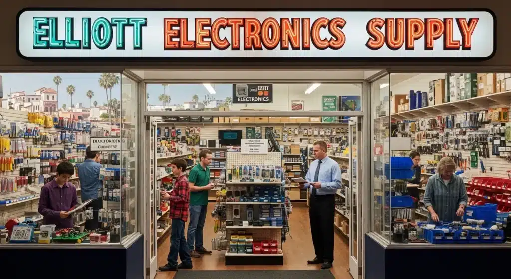Inside Elliott Electronics Supply showing various electronic components, well-stocked shelves, and people browsing.