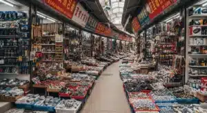 Row of market stalls filled with hardware items like tools and electronic accessories in a busy indoor market.