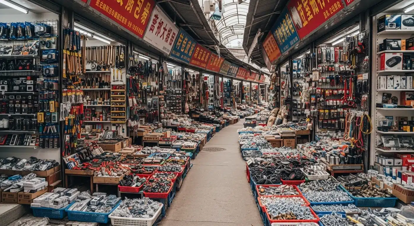 Row of market stalls filled with hardware items like tools and electronic accessories in a busy indoor market.