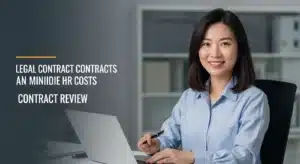Business professional in blue shirt working on a laptop while holding a pen, with text about legal contracts and HR costs.