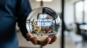 A hand holding a crystal ball displaying an image of warehouse inventory with text indicating 'DDP all-inclusive price: $12,500'.
