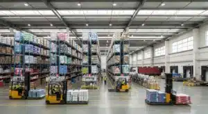 Interior of a well-organized warehouse with tall shelves filled with pallets. Multiple forklifts are moving around transporting goods.