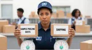Postal worker holding two boxes labeled 'Sample Pooling Costs' and 'Shipping,' with scales in a distribution facility.