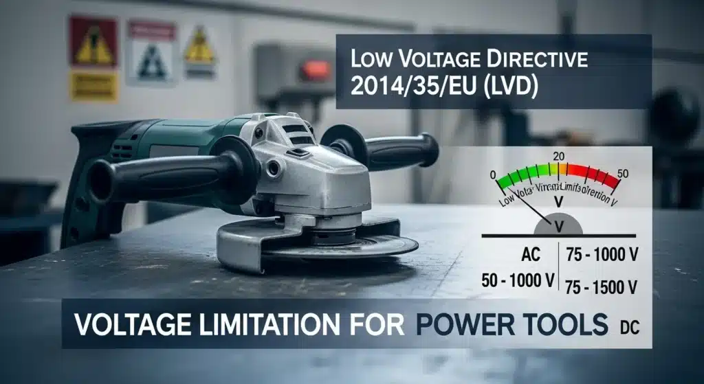 Power tool on a workbench with a diagram showing voltage limitations according to the Low Voltage Directive 2014/35/EU.