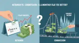 Illustration comparing retainer and commission payment models with a calendar and rollercoaster imagery representing steady growth and variable income.