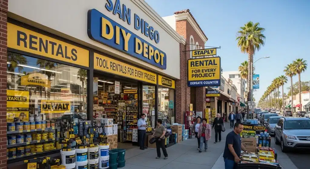 Front of San Diego DIY Depot store showcasing tool rentals and merchandise with people walking on sidewalk.