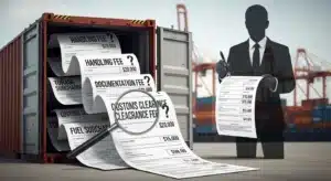 Illustration of a person beside a shipping container with oversized fee documents such as handling fee and customs clearance.