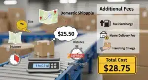 Shipping cost breakdown showing size, distance, and additional fees like fuel surcharge, home delivery, and handling charge, with total cost of $28.75.