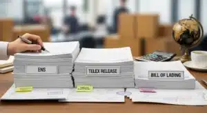 Three stacks of shipping documents labeled ENS, Telex Release, and Bill of Lading on an office desk with a hand holding a pen.