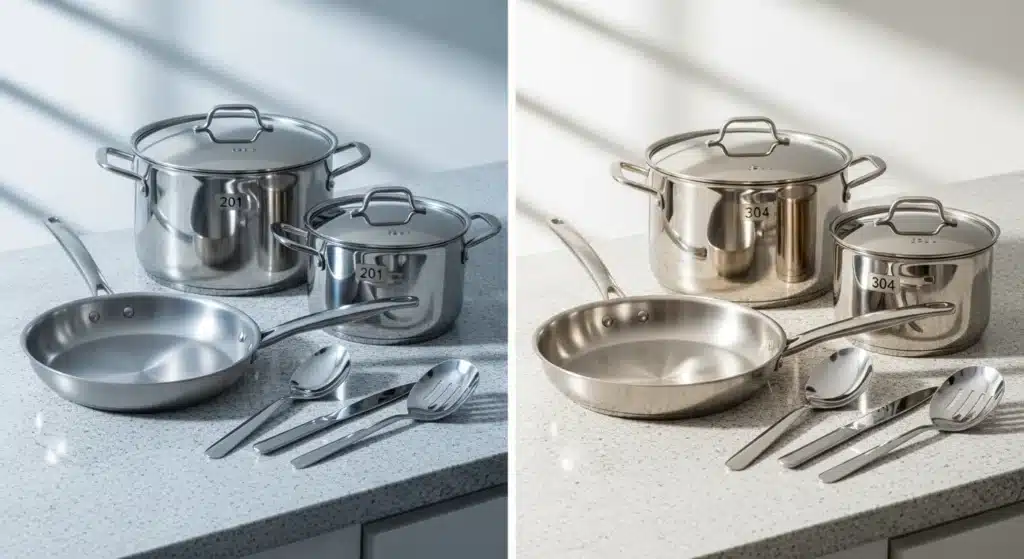 Two sets of stainless steel cookware on a countertop; includes pots, pans, and utensils with numbers 201 and 304 indicating the type of steel.