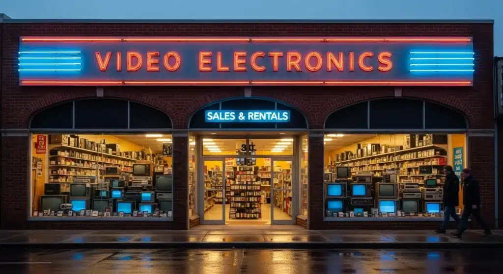 Retro video electronics store with neon signs, showcasing vintage televisions and electronics through large windows at night.