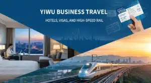 Collage of business travel elements: a person in a hotel room, a high-speed train, and a visa card, illustrating Yiwu travel services.