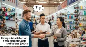 Translator meeting in Yiwu Market with people shaking hands and discussing costs and values, surrounded by merchandise.