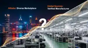 Split image comparing Alibaba's diverse marketplace with Global Sources' verified manufacturers, featuring a cityscape and factory.