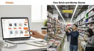 Split image showing an Alibaba online shopping interface on a laptop and a Yiwu brick-and-mortar store aisle with various products.