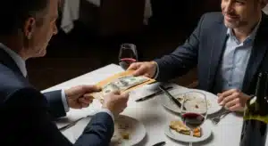 Two individuals in suits exchanging money across a dining table, with wine glasses and plates in the background.