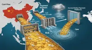 Illustration showing cash flow from China represented by coins flowing through barriers and gates labeled with payment methods.