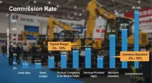 Bar chart showing commission rates from 3% to 10% with construction equipment in the background, at an exhibition.