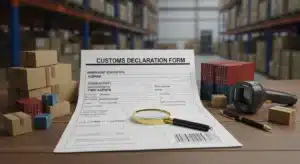Customs declaration form on a table with boxes and cargo containers in a warehouse setting, surrounded by a magnifying glass and barcode scanner.