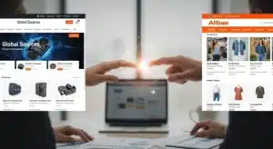 Two hands touching with glowing effect, showing Global Sources and Alibaa e-commerce platforms in a bright office setting.