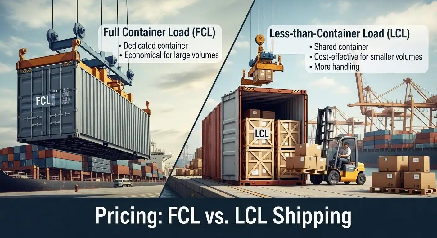 Split image comparing full container load and less than container load ocean shipping at a port