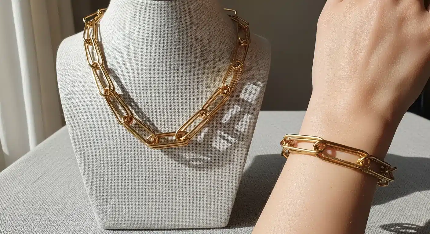 Gold link fashion jewelry display in Yiwu