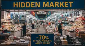 Interior of a bustling market with stalls filled with various products under a sign reading 'Hidden Market'. Displays show goods like electronics and housewares.