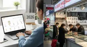 Split image of person browsing an online jewelry store on a laptop and a market scene with jewelry vendors and customers.