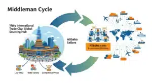 Diagram showing the middleman cycle with Yiwu International Trade City as a global sourcing hub, connected to Alibaba sellers and the e-commerce platform.