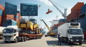 Shipping port with trucks, cranes, containers, and digital screens. Worker reviews documents, overseeing logistics operations.