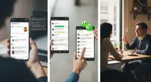 Three images displaying smartphone chat apps and two people having a conversation at a coffee shop.