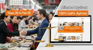 Split image showing Yiwu market scene with handshake and Alibaba website with payment terms comparison.