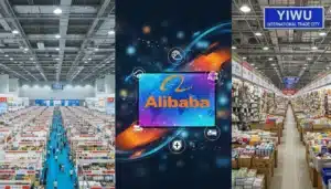 Three-panel image showing Yiwu International Trade City stalls and an Alibaba logo. Left and right panels depict busy market halls.