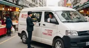 A white Yiwu sourcing van hire vehicle is parked in a busy local market street while a business representative consults with the driver, illustrating China sourcing and supplier inspection services in Yiwu. The scene highlights local market transportation, sourcing support, and DDP logistics for international buyers.